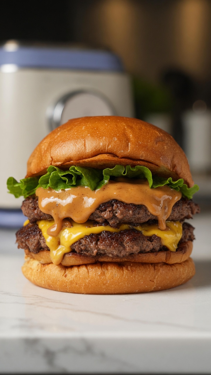 Domowy podwójny burger wołowy z sosem orzechowym