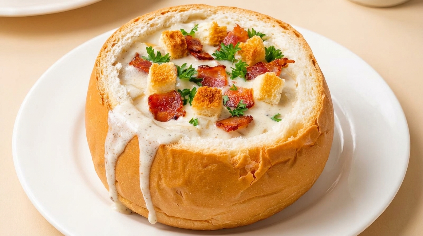 Amerykański kremowy chowder z małżami i czarną truflą w chlebowej misce