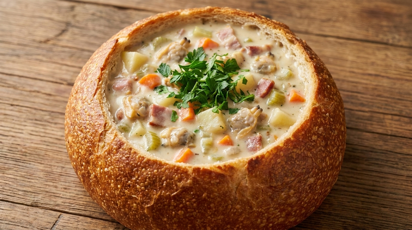 Klasyczna zupa krem z małży (Clam Chowder) w bochenku chleba