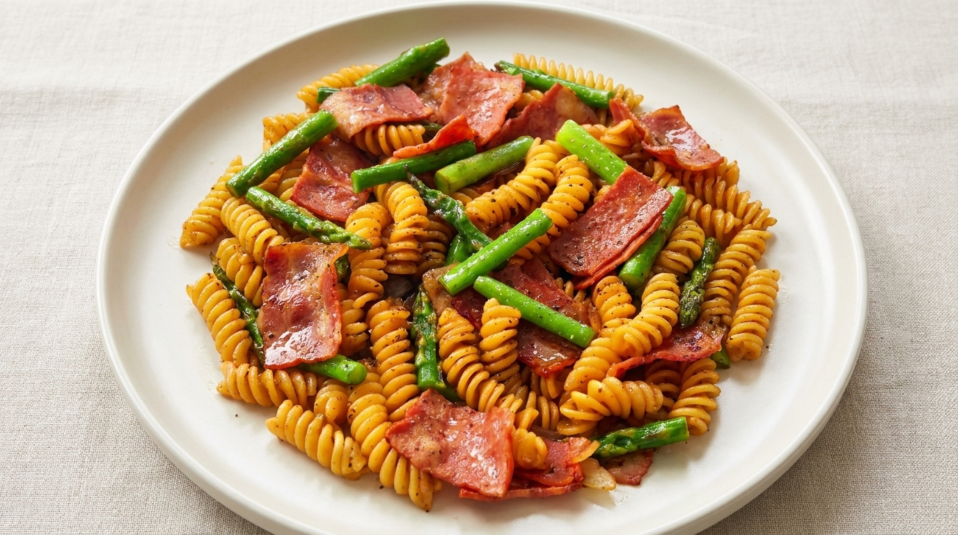 Makaron fusilli z boczkiem, szparagami i sosem truflowym