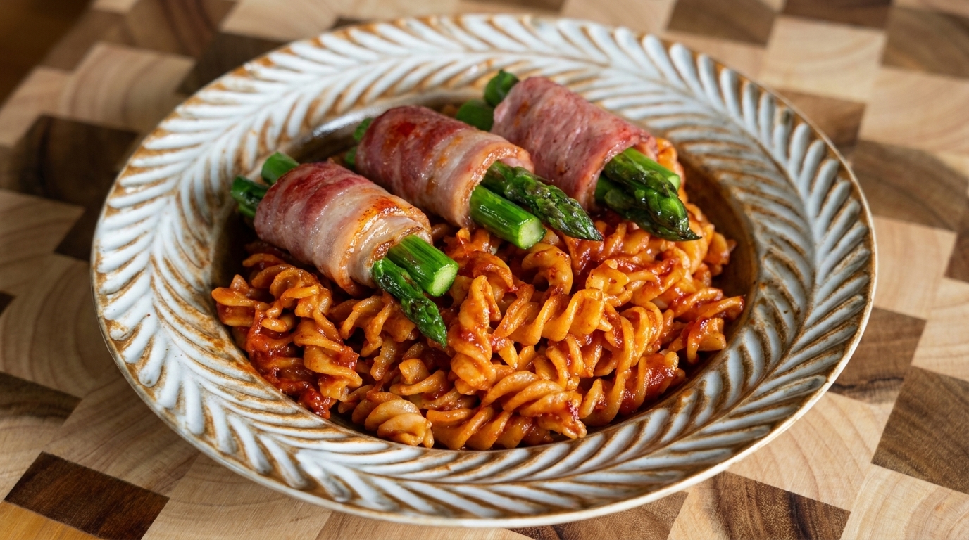 Spaghetti z roladkami ze szparagów i boczku