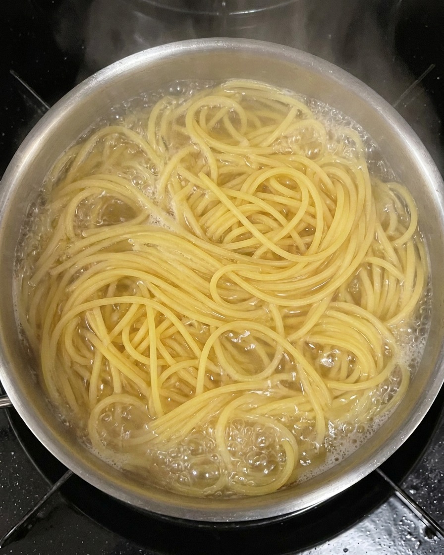 Pęczek suchego makaronu spaghetti wkładany do dużego garnka z wrzącą wodą.