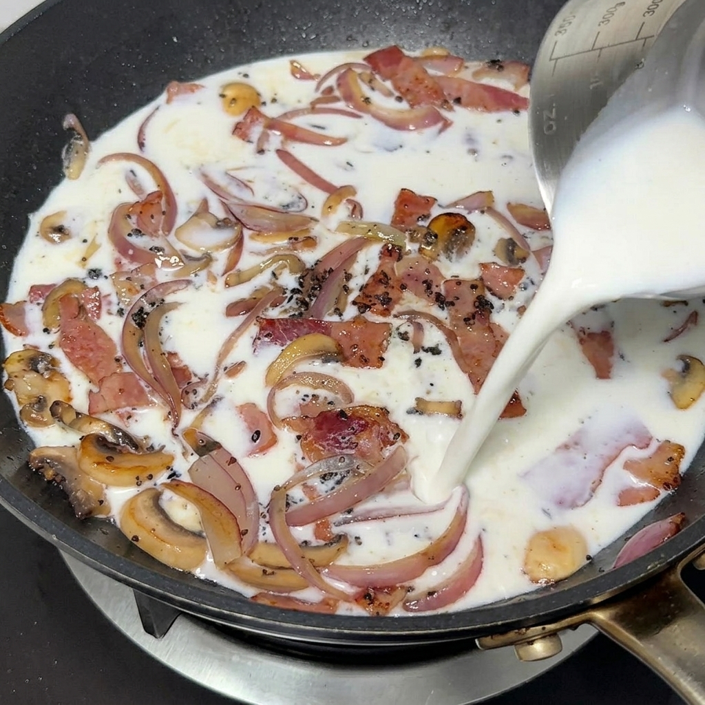 Mleko wlewane z miarki na patelnię z usmażonym boczkiem, cebulą i pieczarkami.