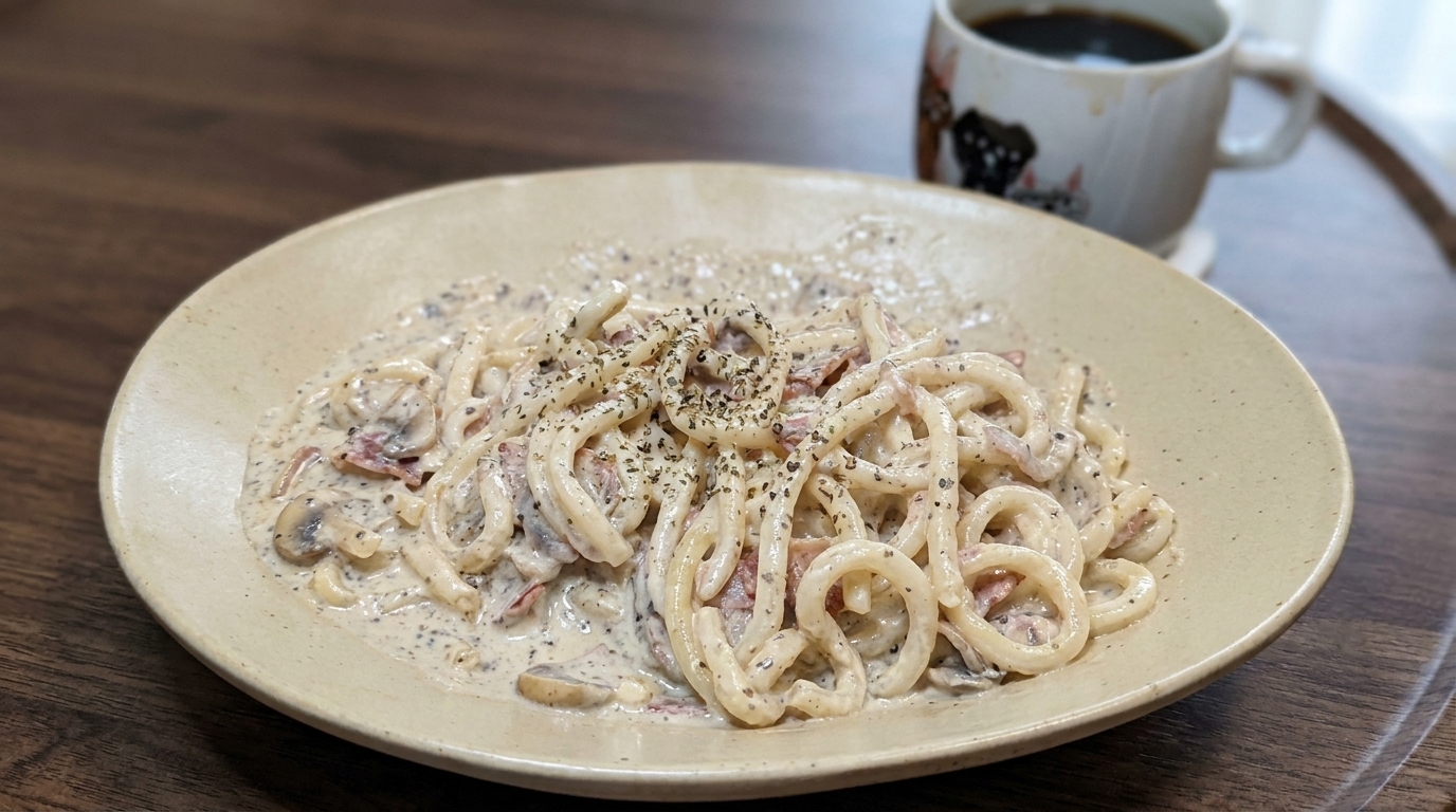 Kremowy makaron udon z boczkiem