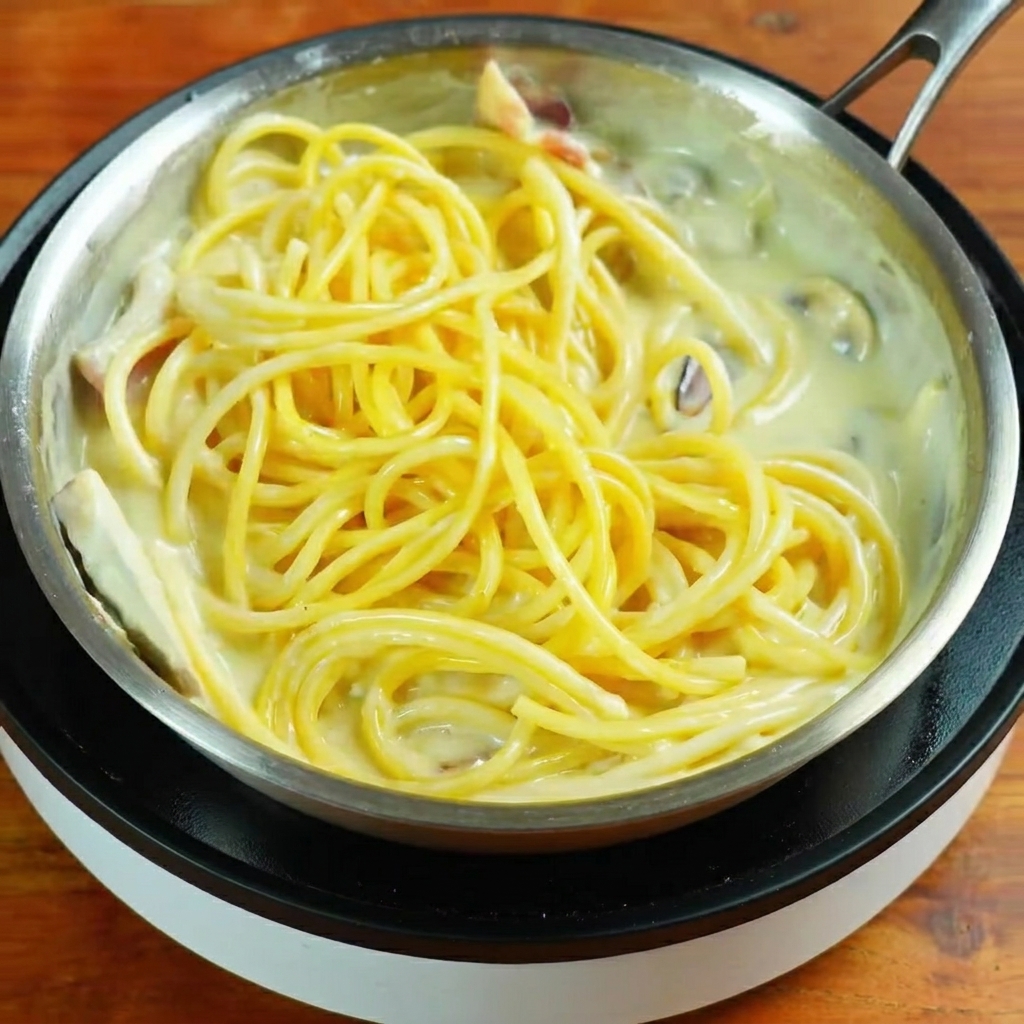 Spaghetti mieszane na patelni z kremowym sosem i boczkiem.