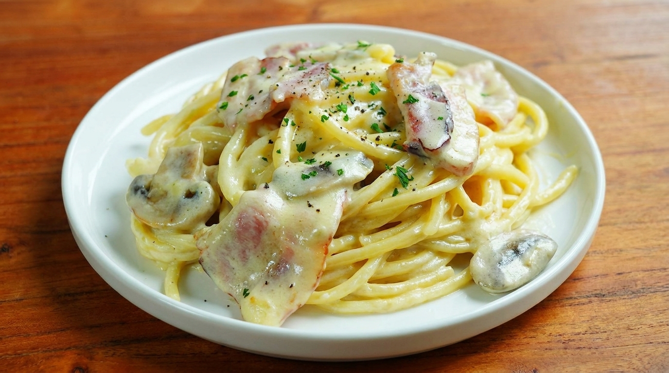 Kremowe Spaghetti z Boczkiem i Pieczarkami