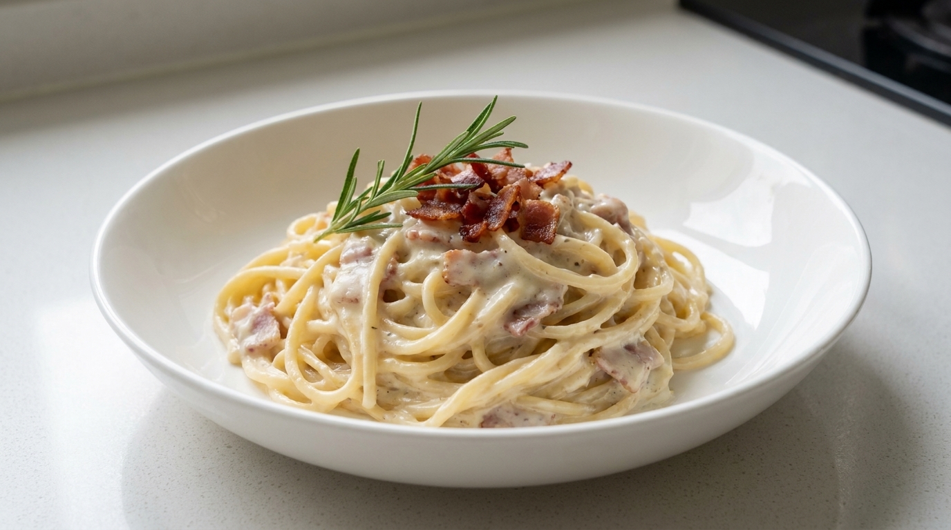 Kremowe spaghetti z boczkiem i grzybami