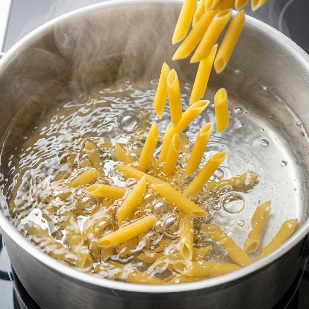 Suchy makaron penne wsypywany do garnka z wrzącą, parującą wodą.