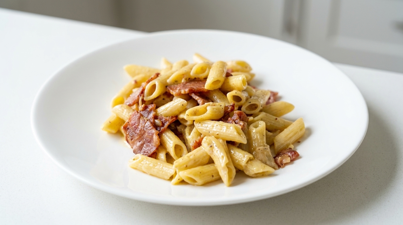 Klasyczna porcja kremowego makaronu penne z kawałkami chrupiącego, zarumienionego boczku.