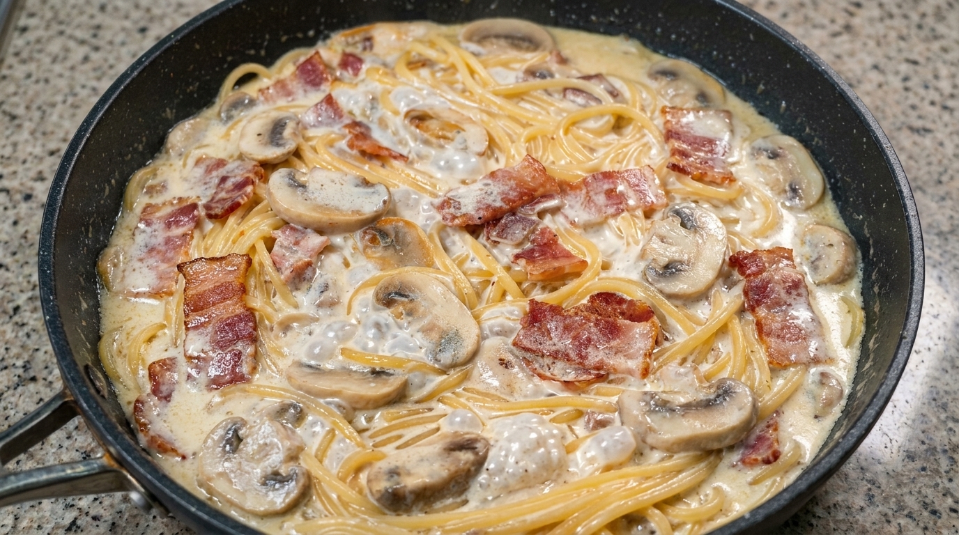 Kremowe spaghetti z boczkiem i pieczarkami