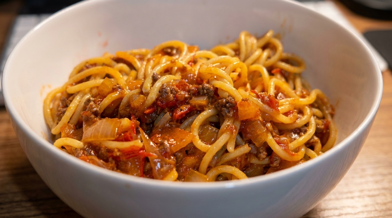 Spaghetti z Gęstym Sosem Pomidorowo-Mięsnym