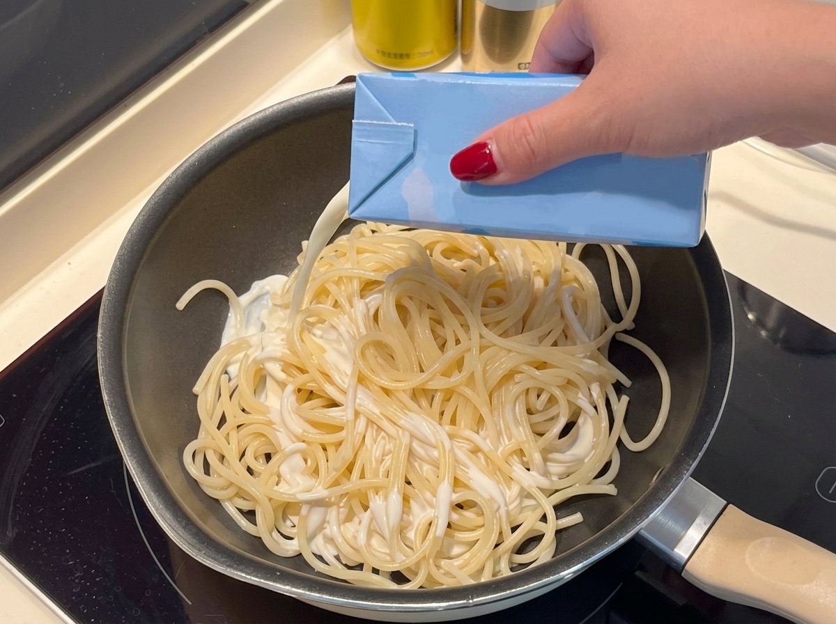 Śmietanka lub mleko wylewane na ugotowane spaghetti na patelni.