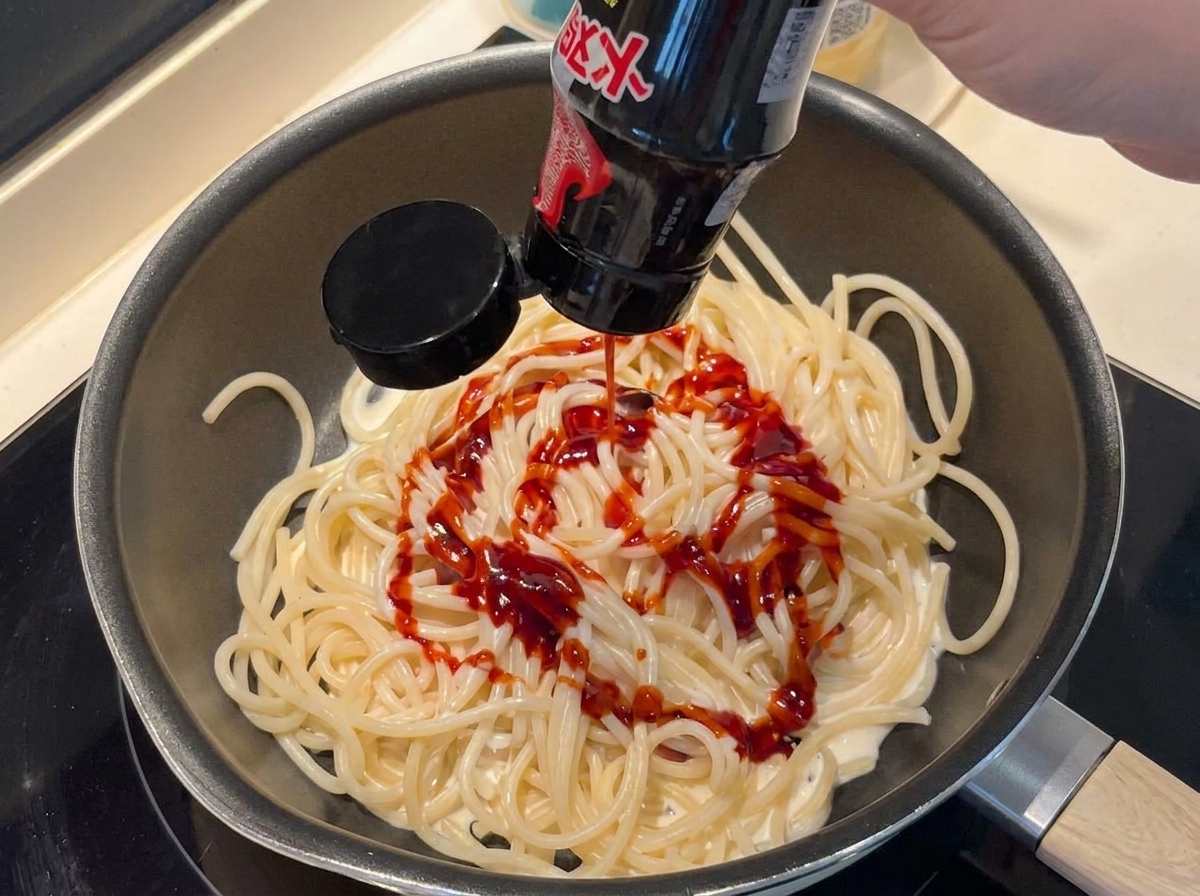 Ciemnoczerwony pikantny sos do klusek wyciskany na spaghetti.
