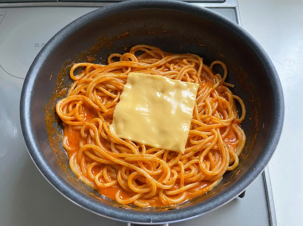 Plaster żółtego sera położony na wierzchu sosnowego spaghetti na patelni.