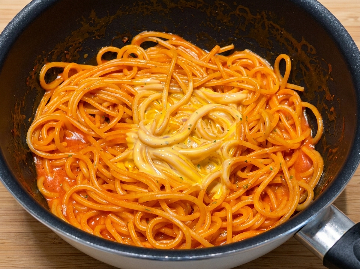 Suszona natka pietruszki posypywana na pikantne spaghetti.