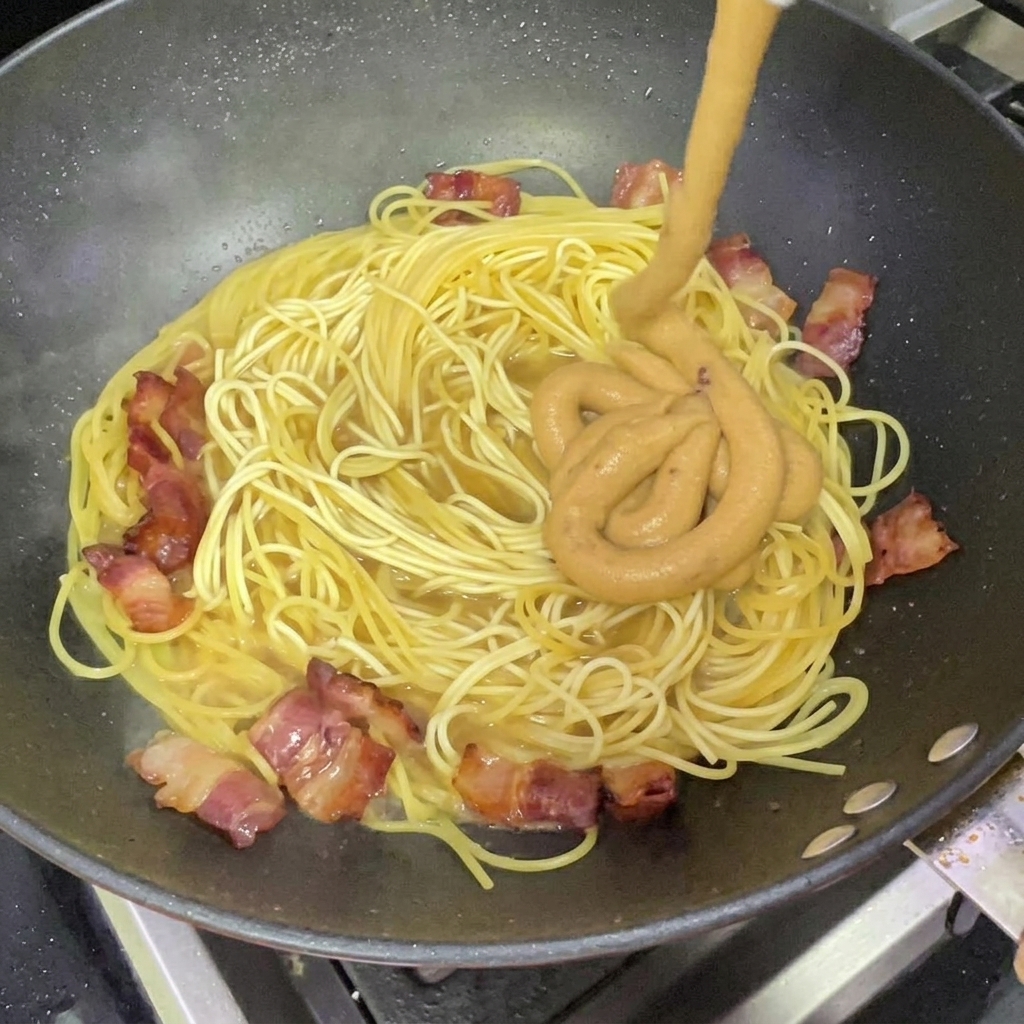 Gęsty sos serowo-śmietanowy wylewany na spaghetti w woku.