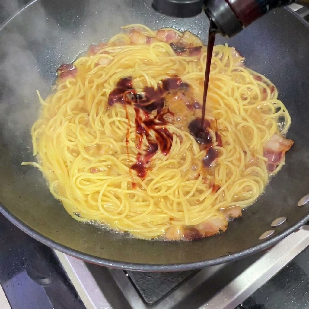Ciemnoczerwony, pikantny sos buldak wylewany na gotujące się spaghetti z boczkiem.