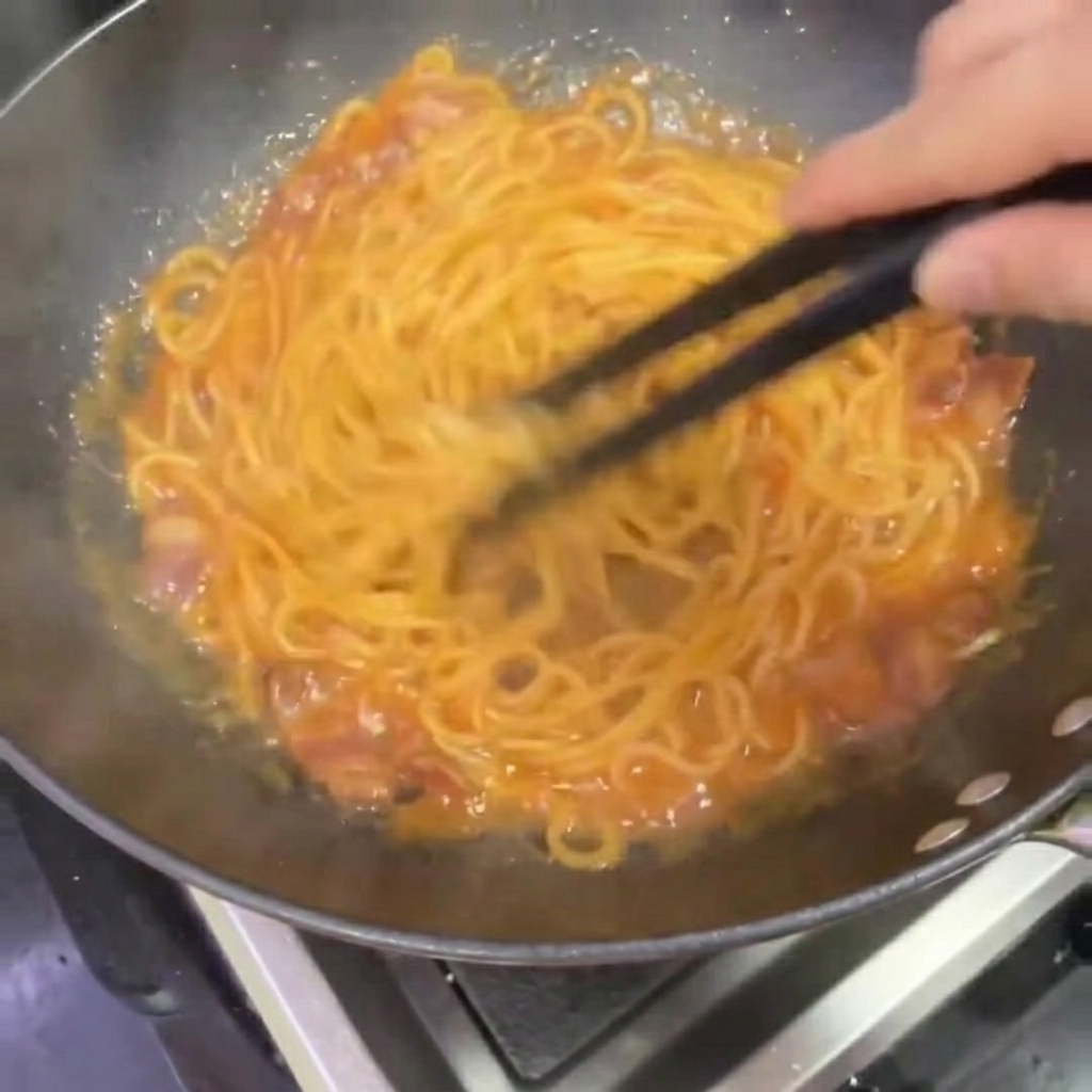 Spaghetti mieszane pałeczkami w woku w celu pokrycia pikantnym, kremowym sosem.
