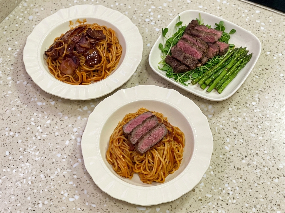 Plastry delikatnego, usmażonego steku ułożone na porcji pikantnego spaghetti.
