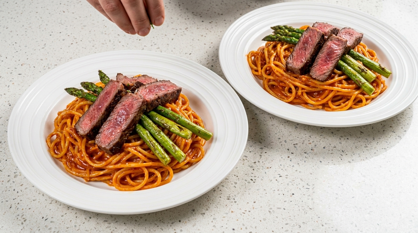 Dwa talerze kremowego, ognistego spaghetti buldak, zwieńczone plastrami usmażonego steku, pieczonymi szparagami i świeżo zmielonym czarnym pieprzem.