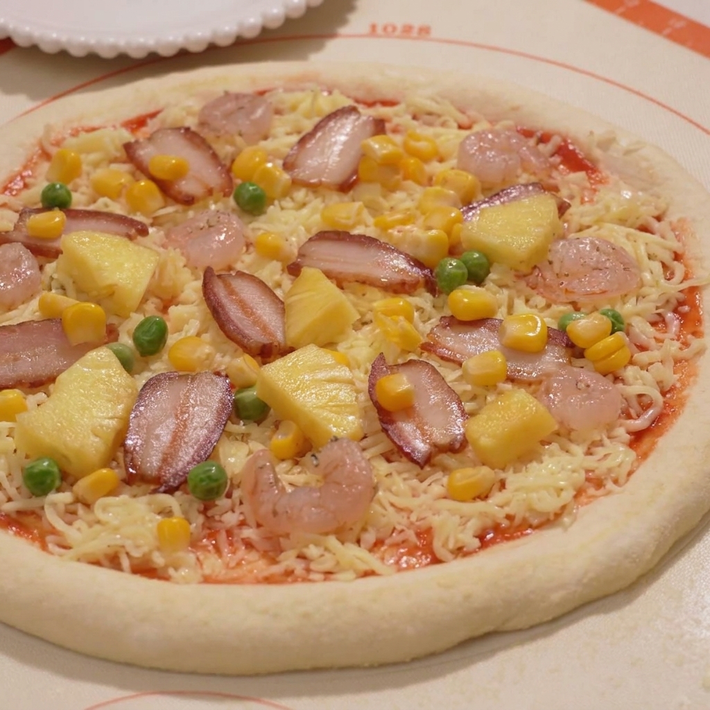 Spłaszczony, okrągły spód do pizzy leżący na silikonowej macie.