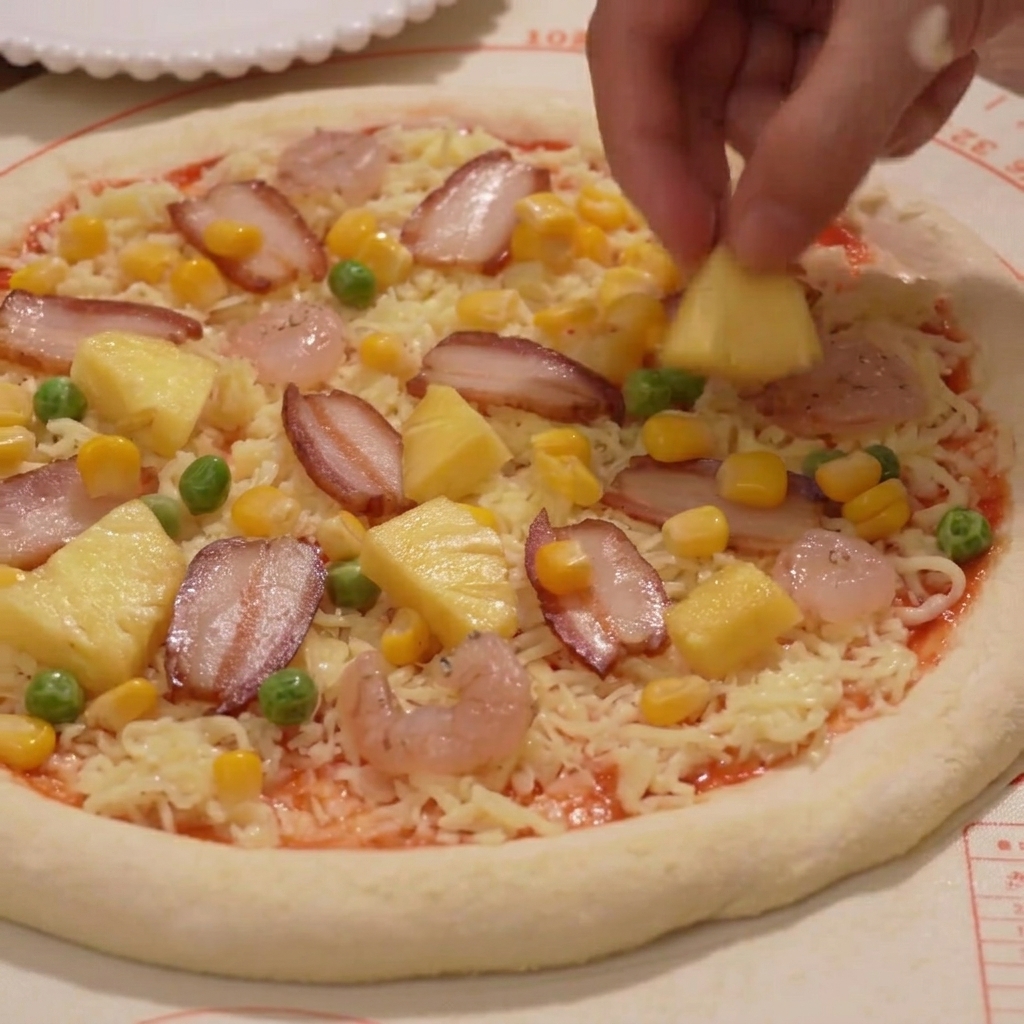 Kawałki ananasa, kukurydza i zielony groszek rozsypywane na wierzchu pizzy.