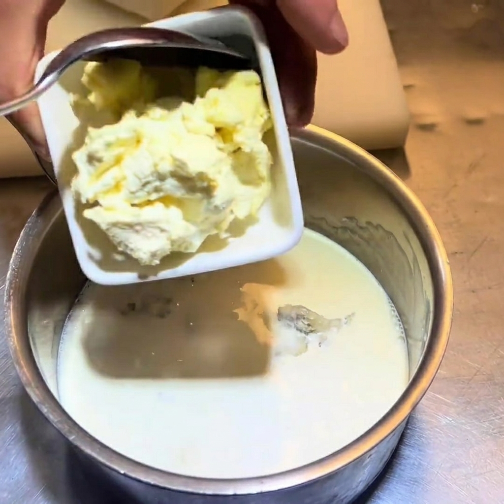 Za pomocą łyżki dodawanie kawałków serka śmietankowego do rondla.