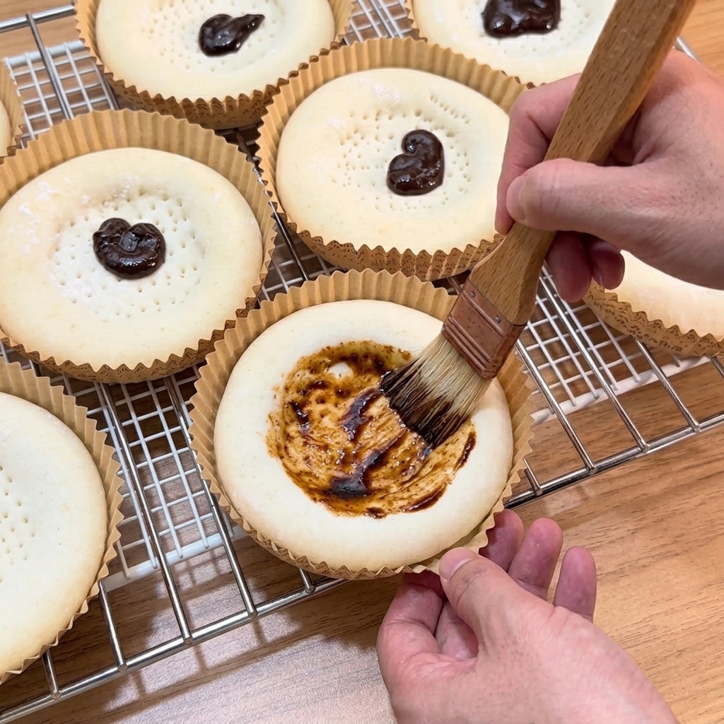 Pędzel kuchenny rozsmarowujący ciemny sos z czarnego pieprzu na podpieczonym spodzie mini pizzy.