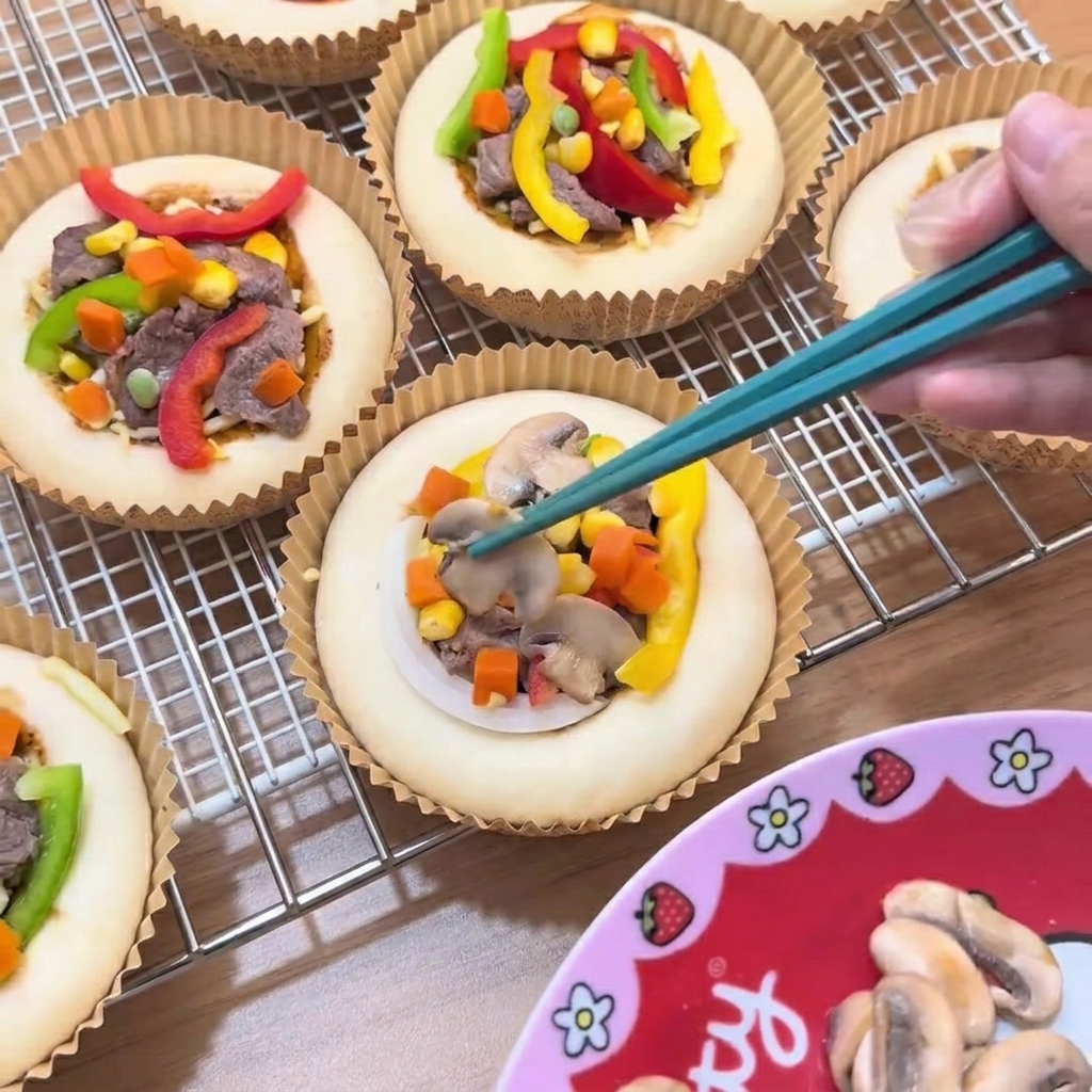 Użycie pałeczek do nałożenia plasterków pieczarek na mini pizzę z wołowiną, papryką, kukurydzą i groszkiem.
