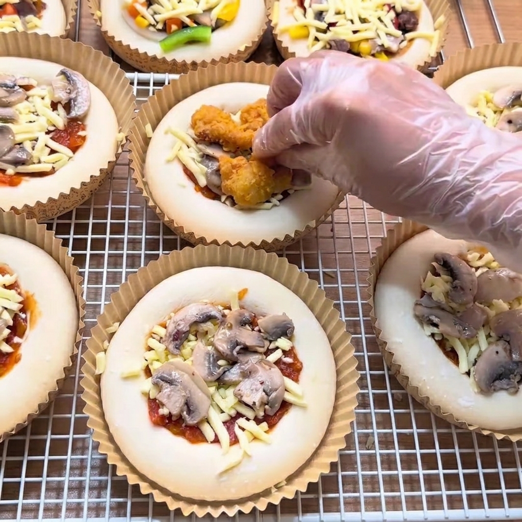 Dłoń nakładająca złociste kawałki kurczaka na mini pizzę, na posłanie z sera i pieczarek.