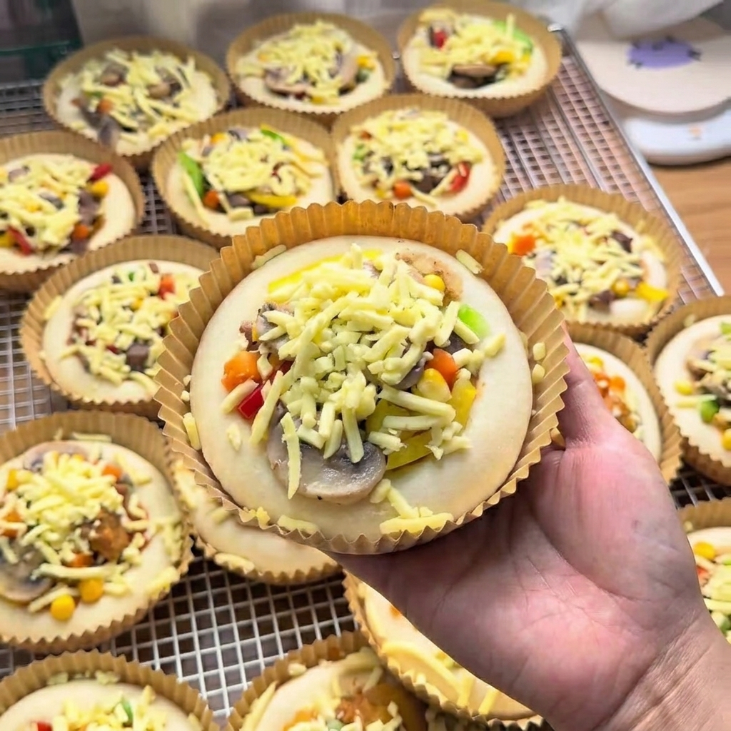Dłoń trzymająca gotową mini pizzę w foremce, obficie posypaną tartym serem na wierzchu bogatych dodatków.