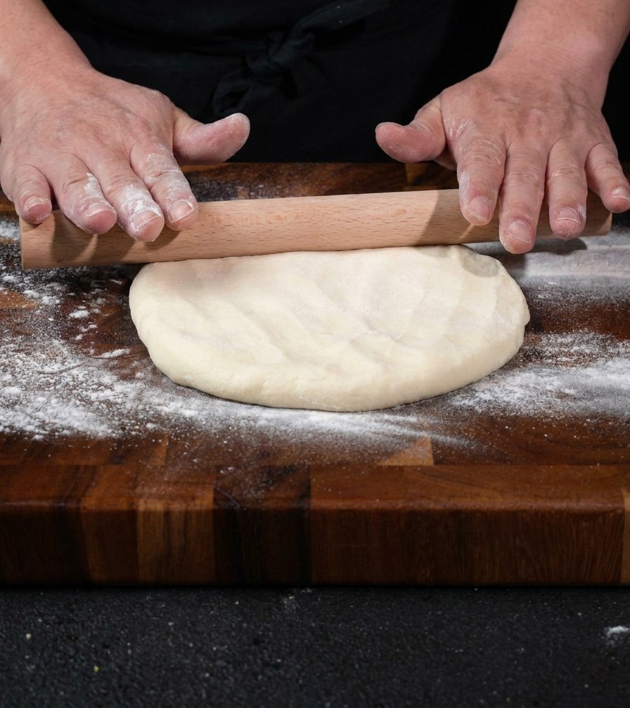 Ciasto na pizzę wałkowane na drewnianej desce.