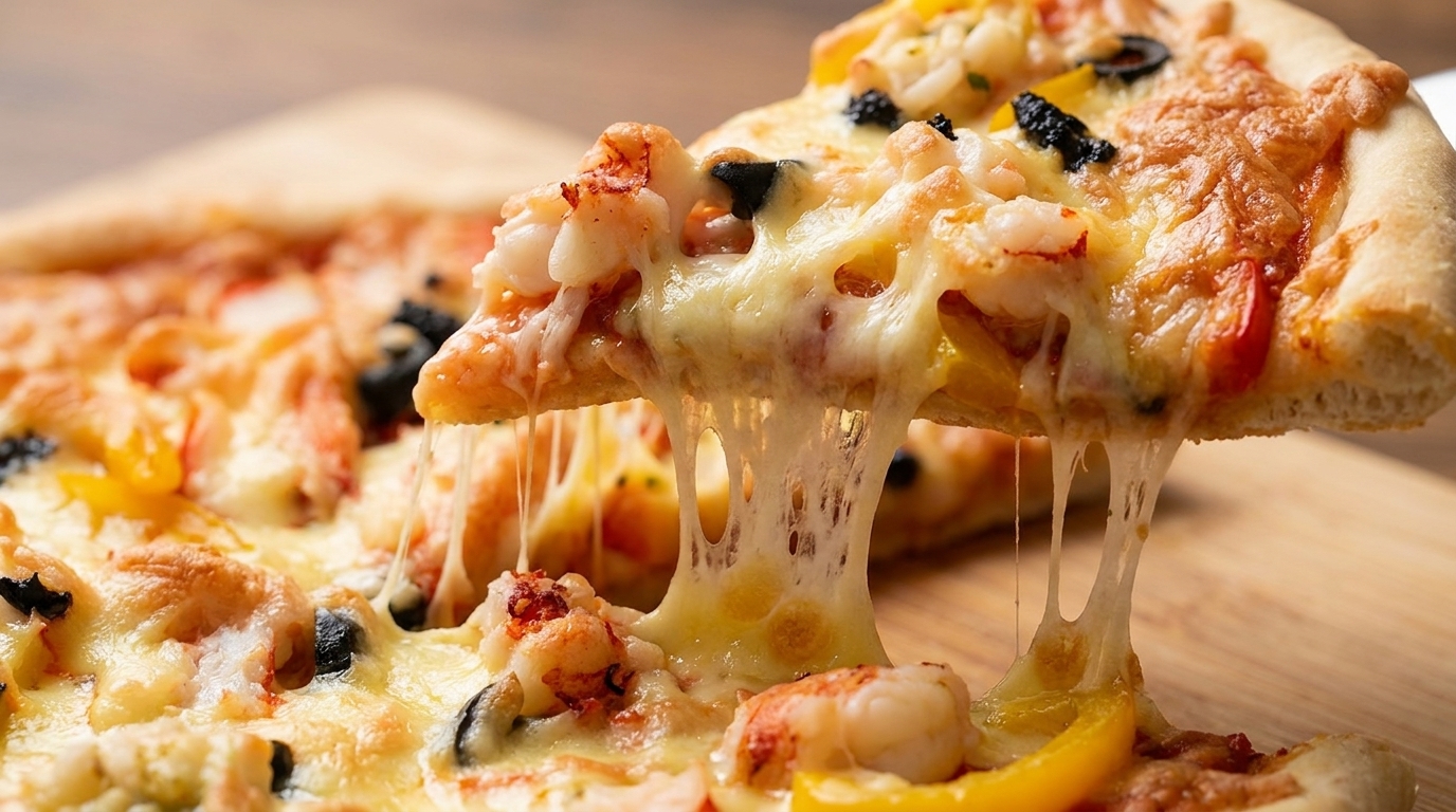 Wykwintny kawałek pizzy z homarem, prezentujący charakterystyczne ciągnące się sery, świeżego homara i czarne oliwki.