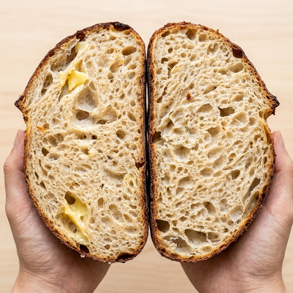 Zbliżenie dłoni rozciągających kawałek surowego ciasta, ukazujące cienką, elastyczną strukturę okienka glutenowego.