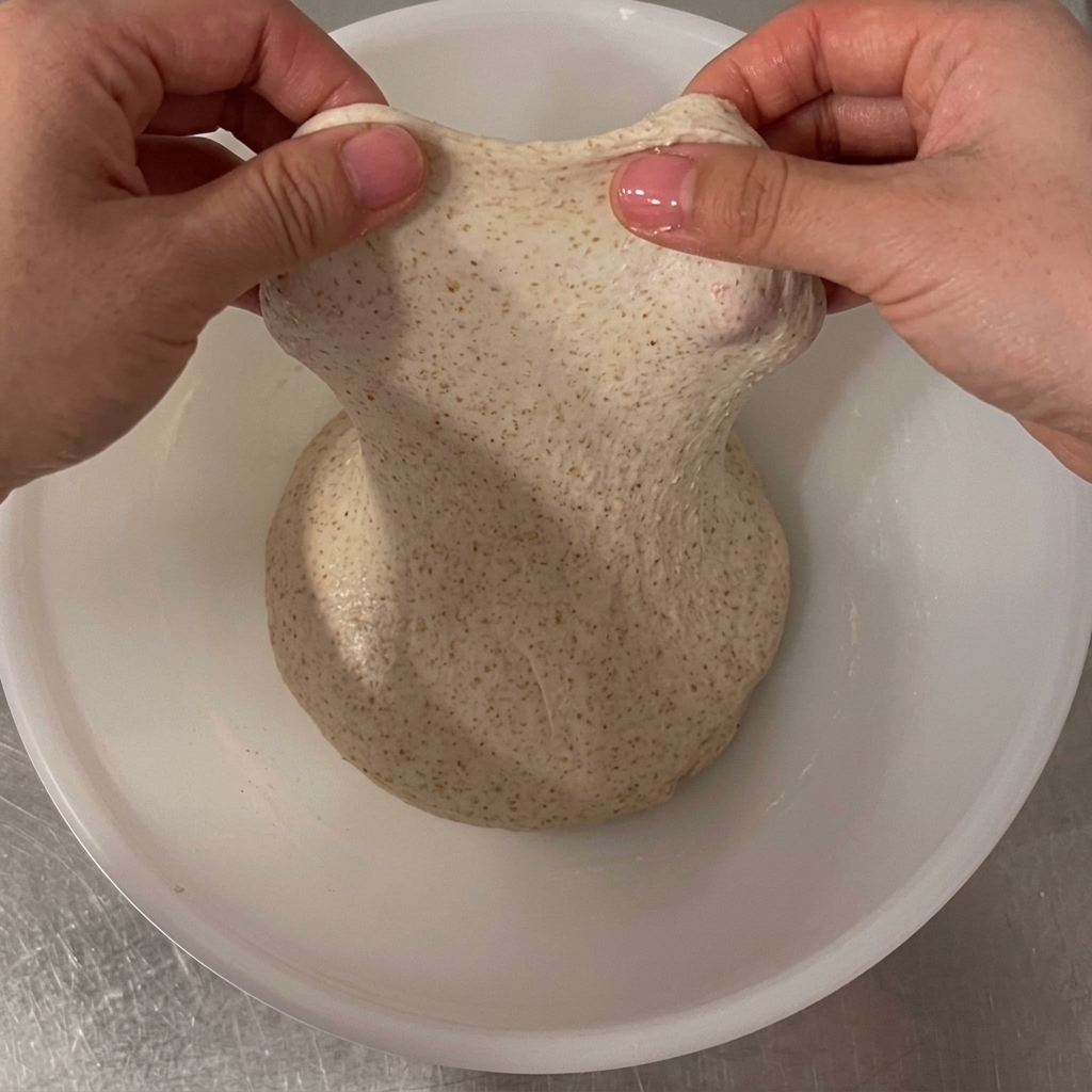 Dłonie podnoszące część ciasta, ukazujące mocną i elastyczną siatkę glutenową.