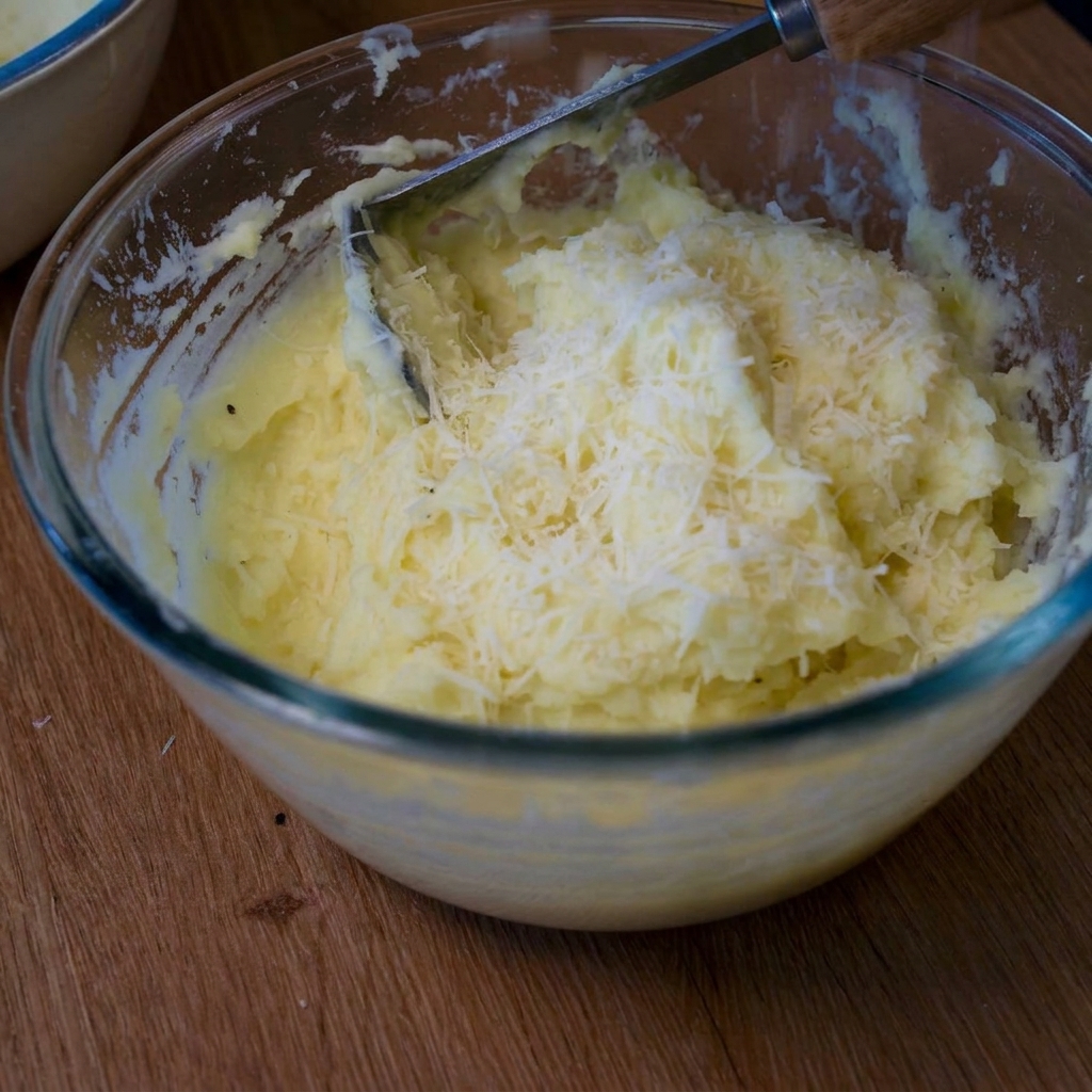 Starty parmezan hojnie posypany po kremowym puree ziemniaczanym w szklanym naczyniu.