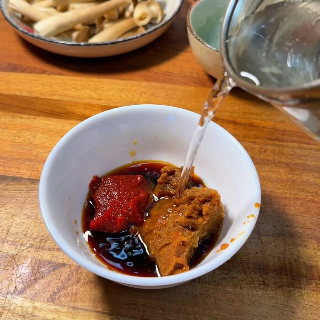 Wlewanie czystej wody do białej miski zawierającej porcje czerwonej pasty chili, brązowej pasty miso i ciemnego sosu sojowego.