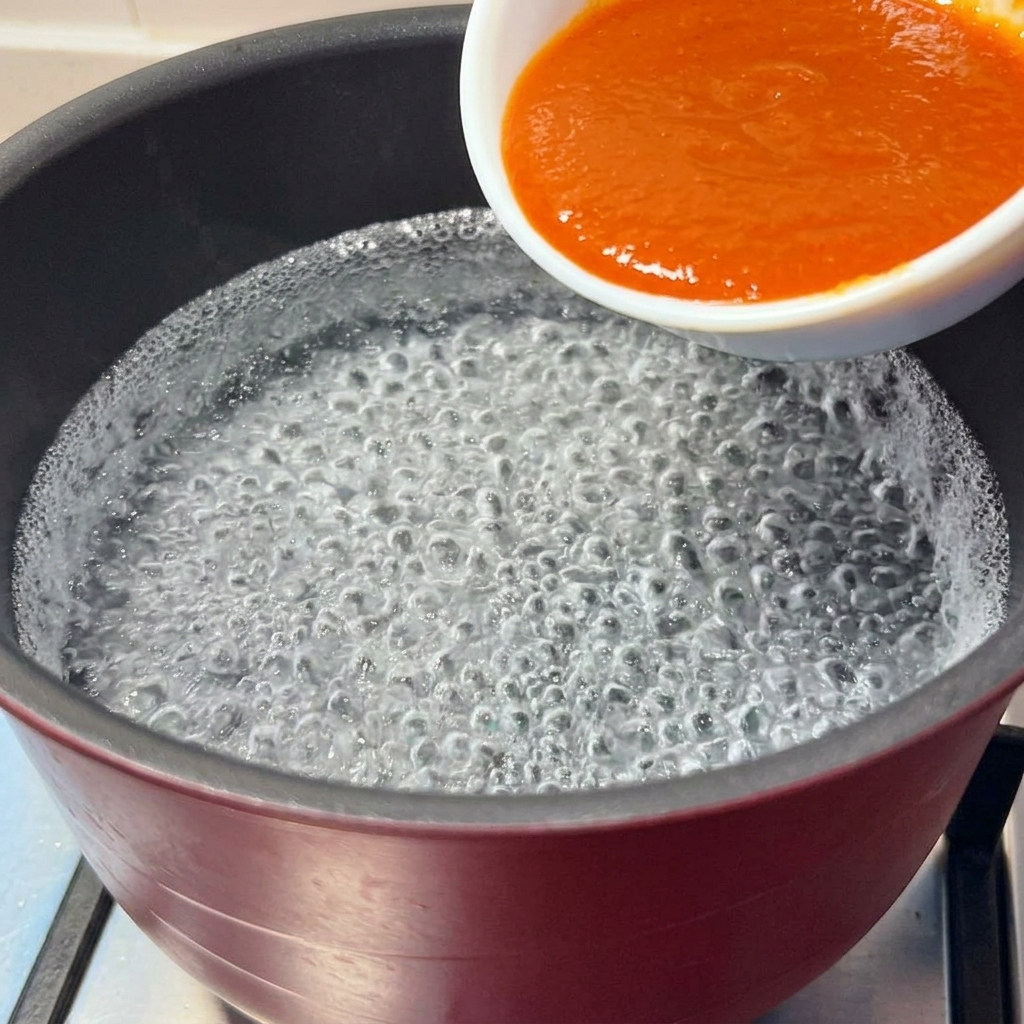 Czerwono-pomarańczowa mieszanka sosu miso przelewana z małej białej miski do garnka z wrzącą wodą.