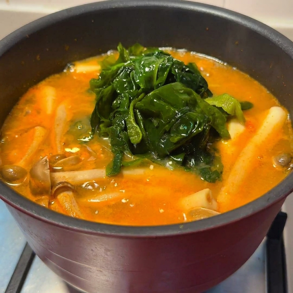 Grzyby shimeji i miękkie algi wakame gotujące się w pikantnym, czerwonawo-pomarańczowym bulionie miso.