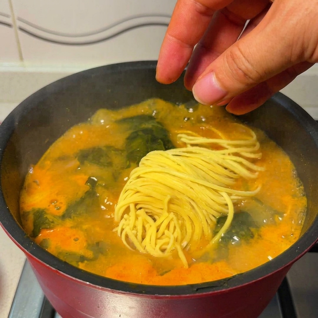 Świeży, żółty makaron ramen wkładany do garnka z gotującą się zupą.