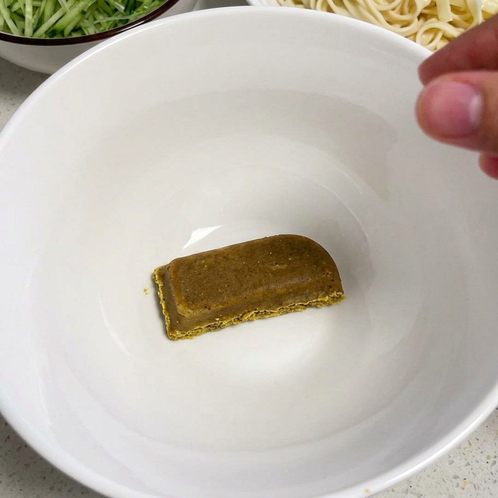 Prostokątna kostka przyprawy curry na dnie pustej, białej miseczki.