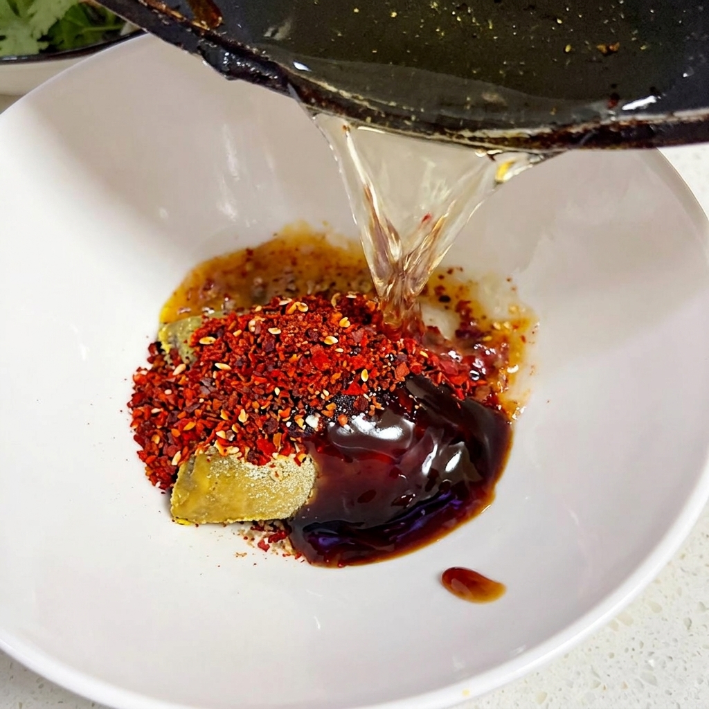 Gorący olej wylewany z ciemnej patelni na stos płatków chili i kostkę curry w białej misce.
