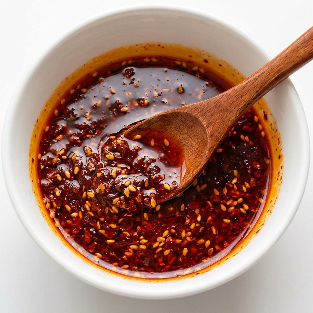 Ciemnoczerwony, błyszczący sos curry z chili zmieszany z sezamem w białej misce, z drewnianą łyżką w środku.