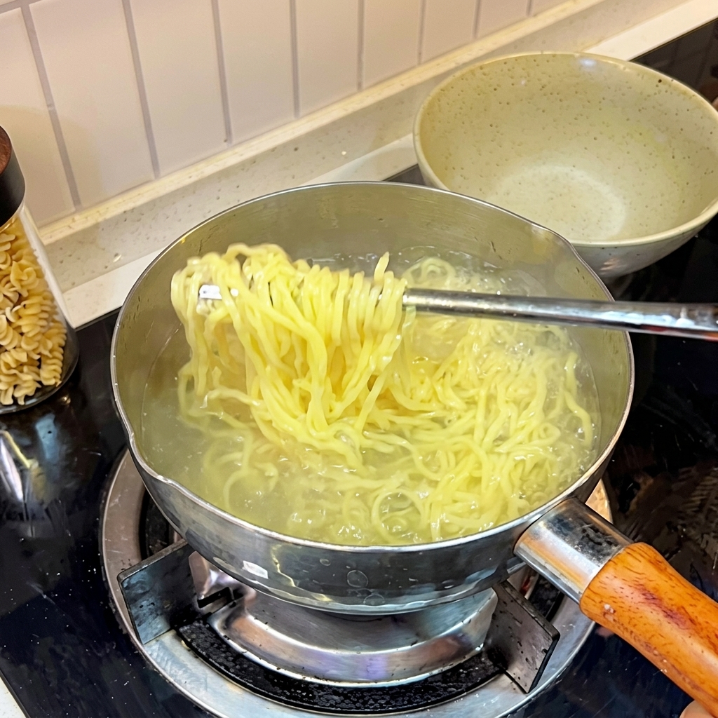 Świeżo ugotowany makaron ramen płukany w zimnej wodzie na durszlaku.