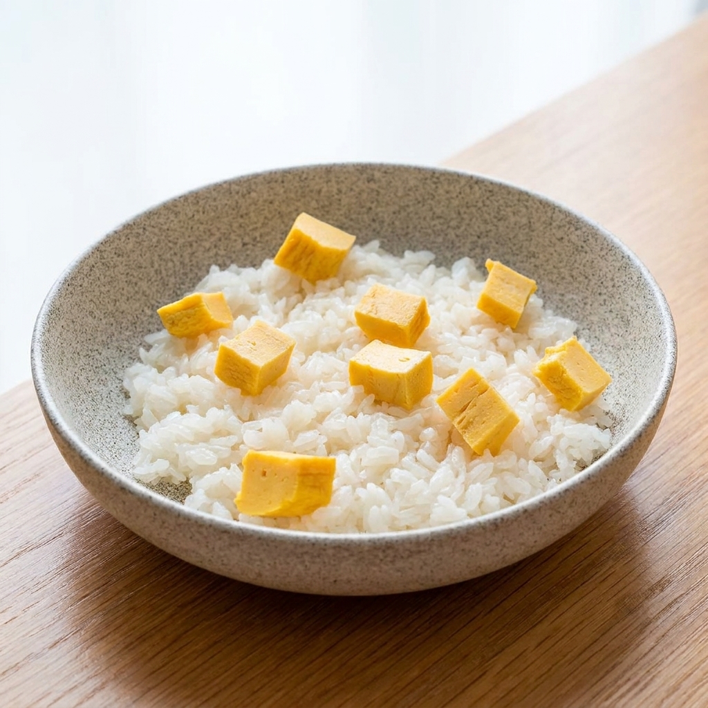 Szara miska wypełniona białym ryżem, posypana kostkami żółtego tamagoyaki.