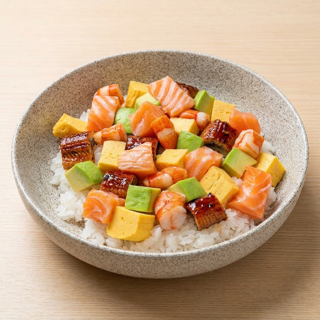 Miseczka chirashi sushi z kolorową mieszanką kostek surowego łososia, tamagoyaki, awokado, grillowanego węgorza i gotowanych krewetek.