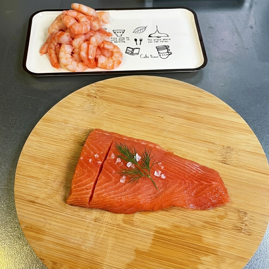 Świeży filet z łososia krojony w małe, równe kostki na drewnianej desce.