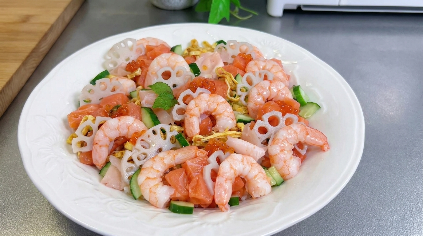 Świąteczne Chirashizushi z dodatkiem świeżego łososia, krewetek, korzenia lotosu i kolorowych wstążek jajecznych.