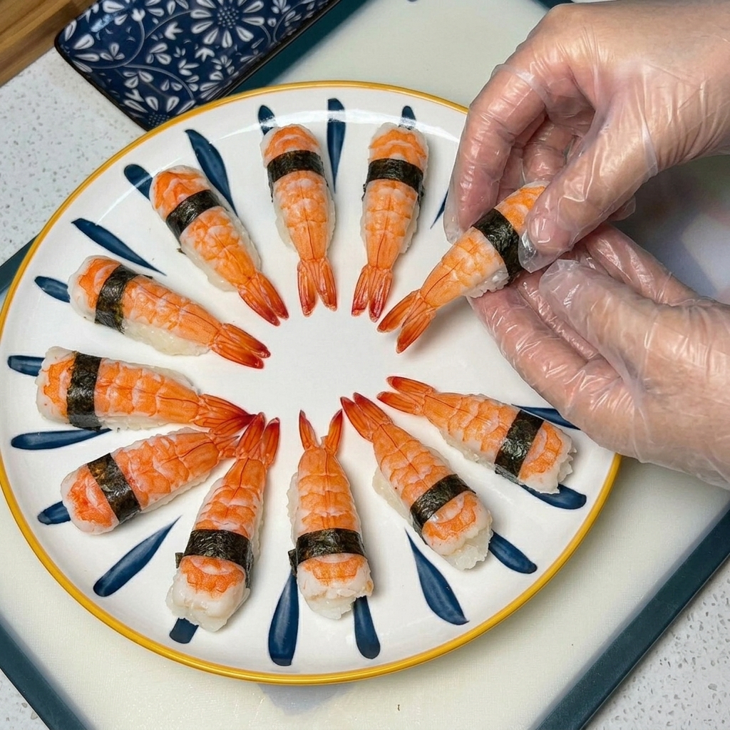 Kawałek sushi z krewetką owijany cienkim paskiem ciemnego wodorostu wokół środka, pokazujący bezpiecznie połączone składniki.