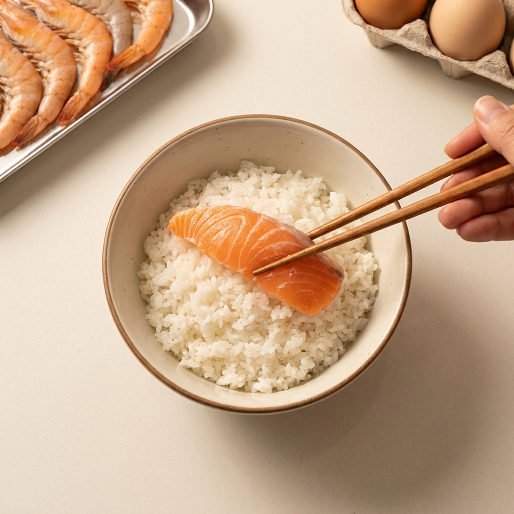 Pałeczki umieszczające kawałek świeżego łososia na bazie z ryżu do sushi w misce.